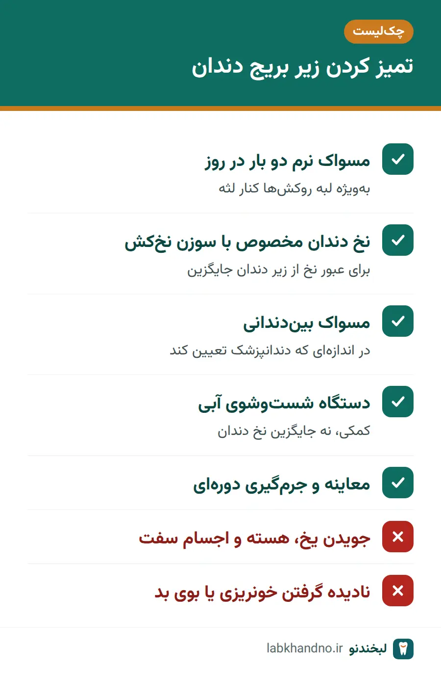 فهرست کارهای لازم و ممنوع برای تمیز کردن زیر بریج دندان