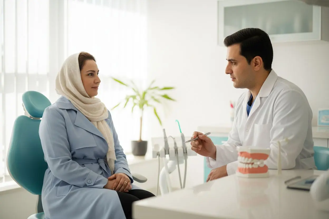 توضیح دندانپزشک درباره مراحل بریج دندان با مدل آموزشی