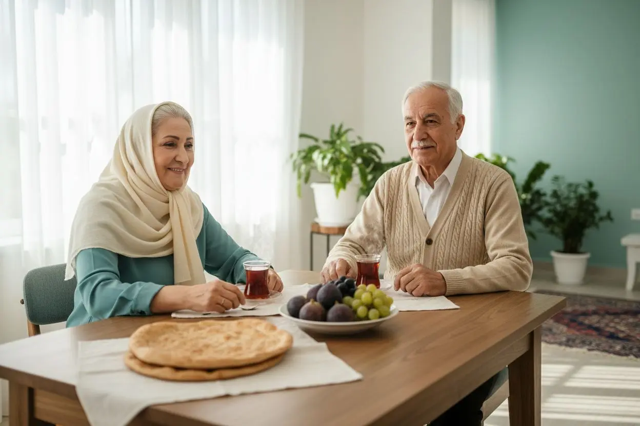 زوج سالمند در حال صرف غذا در محیط خانه