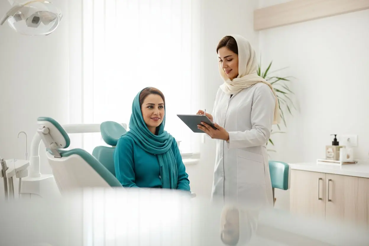 دندانپزشک در حال توضیح گزینه‌های بستن فاصله دندان به بیمار
