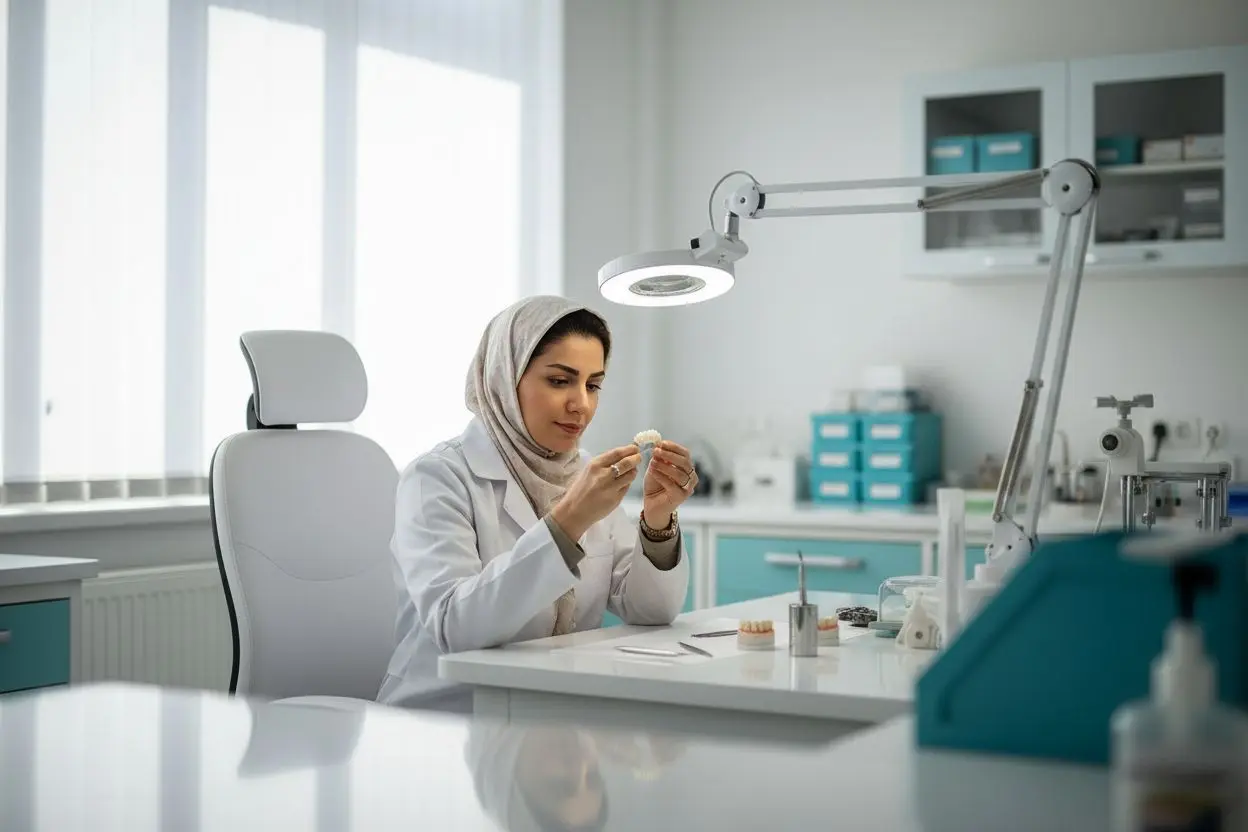 تکنسین لابراتوار در حال بررسی لمینت سرامیکی