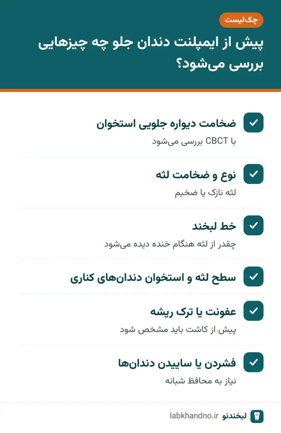 فهرست بررسی‌های لازم پیش از ایمپلنت دندان جلو