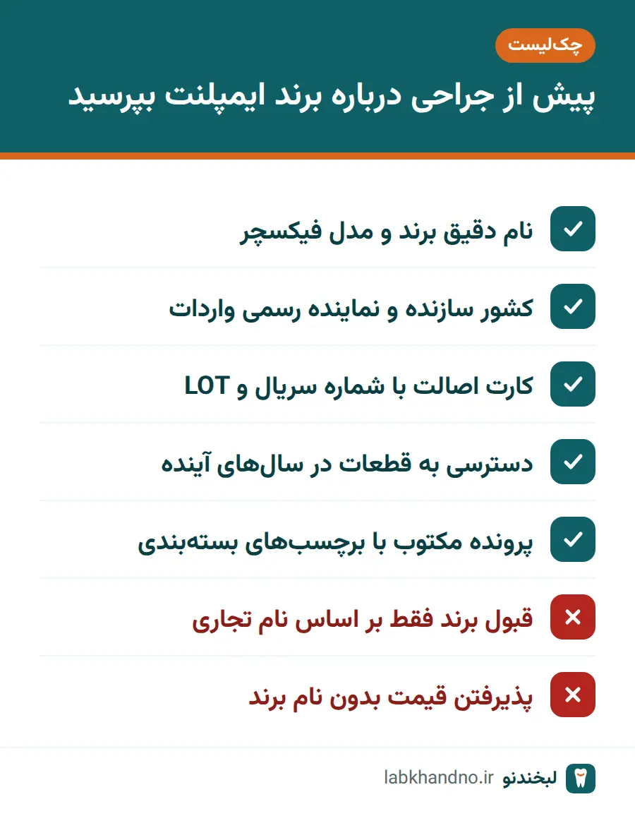 چک‌لیست سؤال‌های مربوط به برند و اصالت ایمپلنت