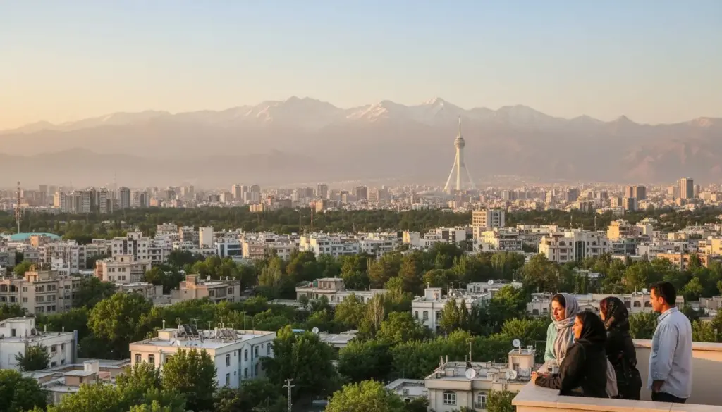 نمای شهر تهران با برج میلاد و رشته‌کوه البرز