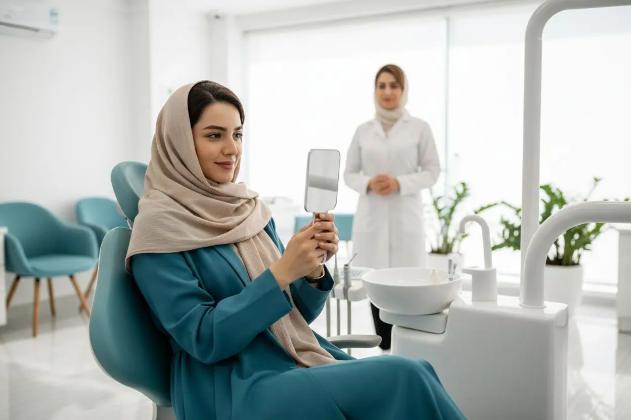 بیمار در حال دیدن موک آپ لمینت در آینه کنار دندانپزشک
