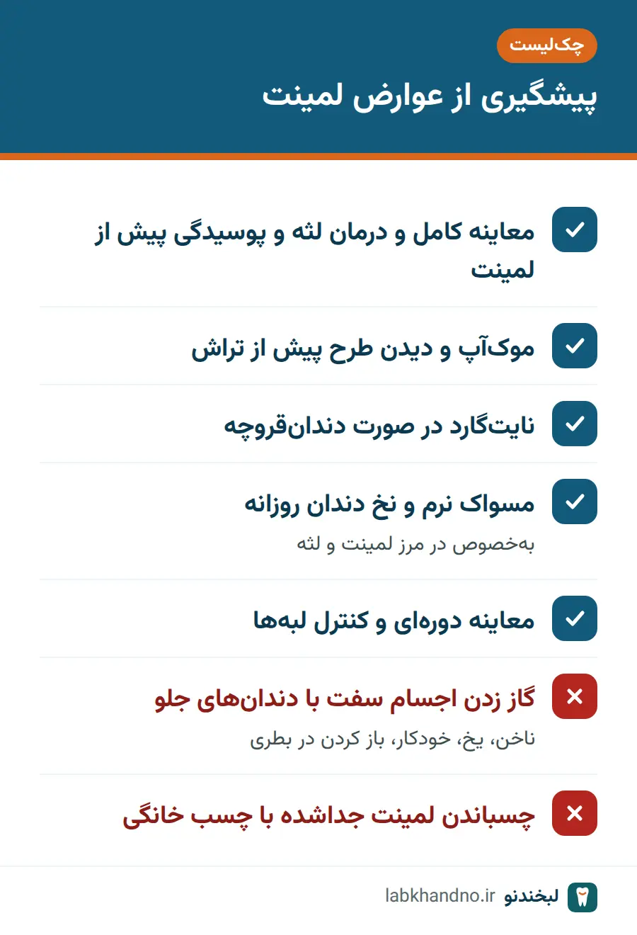 چکلیست کارهای درست و نادرست برای پیشگیری از عوارض لمینت
