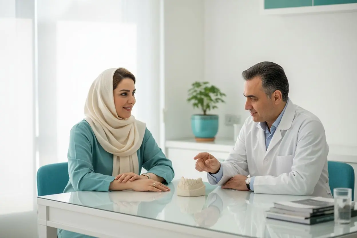 گفت‌وگوی بیمار با دندانپزشک درباره مقدار تراش دندان پیش از لمینت