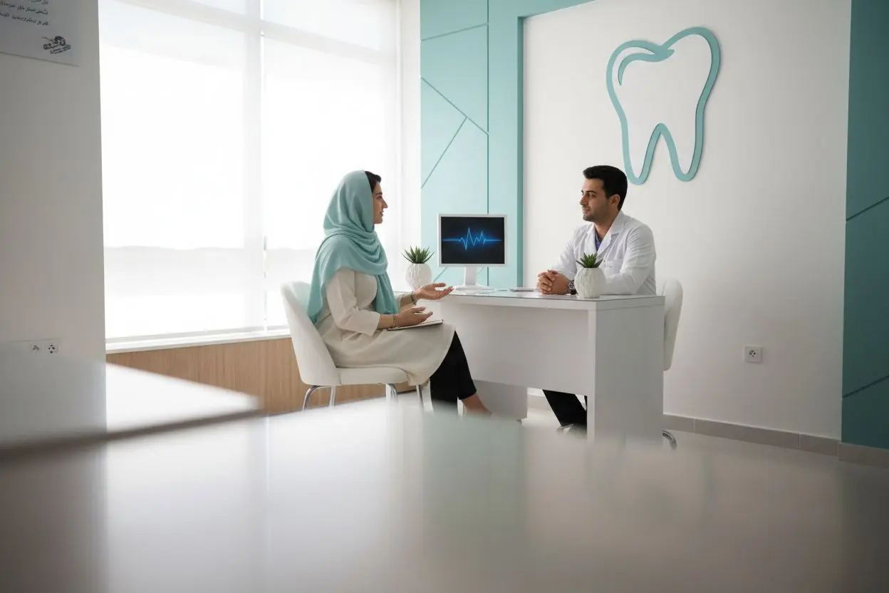 بیمار با دفترچه سوالات در جلسه مشاوره ایمپلنت با دندانپزشک