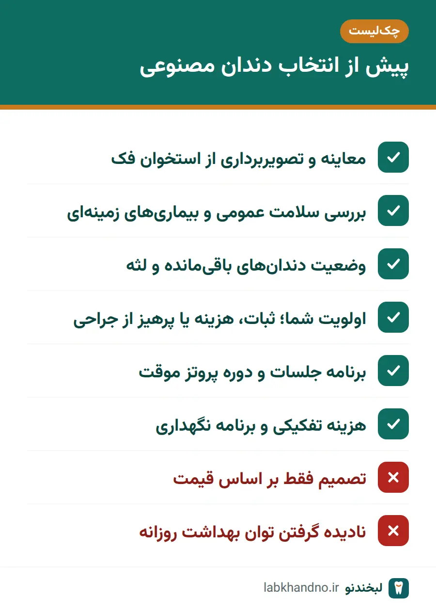 چکلیست موارد مهم پیش از انتخاب دندان مصنوعی ثابت یا متحرک