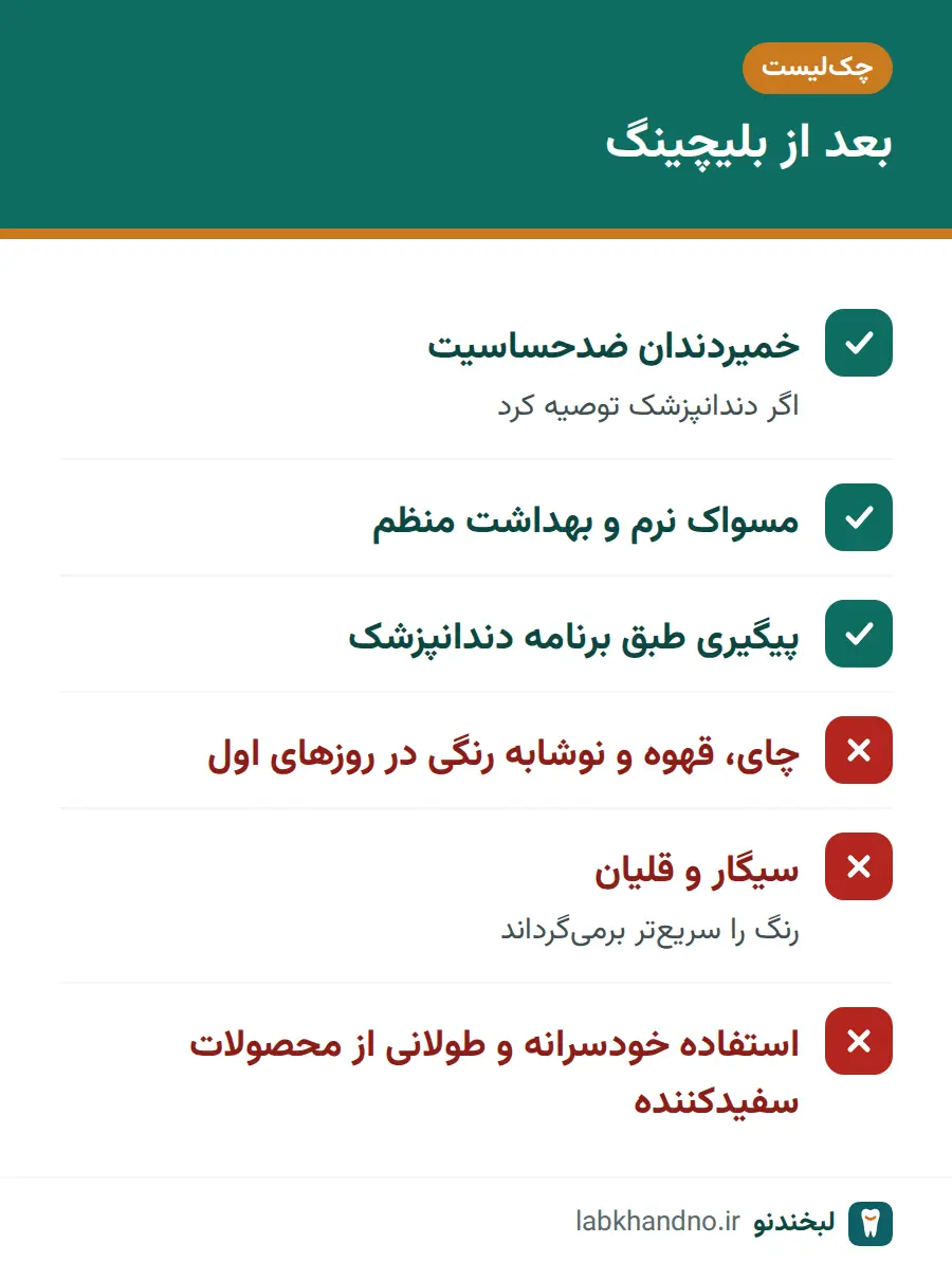 چک‌لیست مراقبت‌های بعد از بلیچینگ دندان