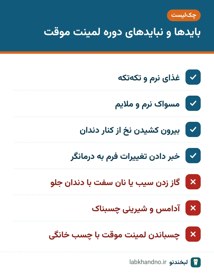 چک‌لیست مراقبت از لمینت موقت