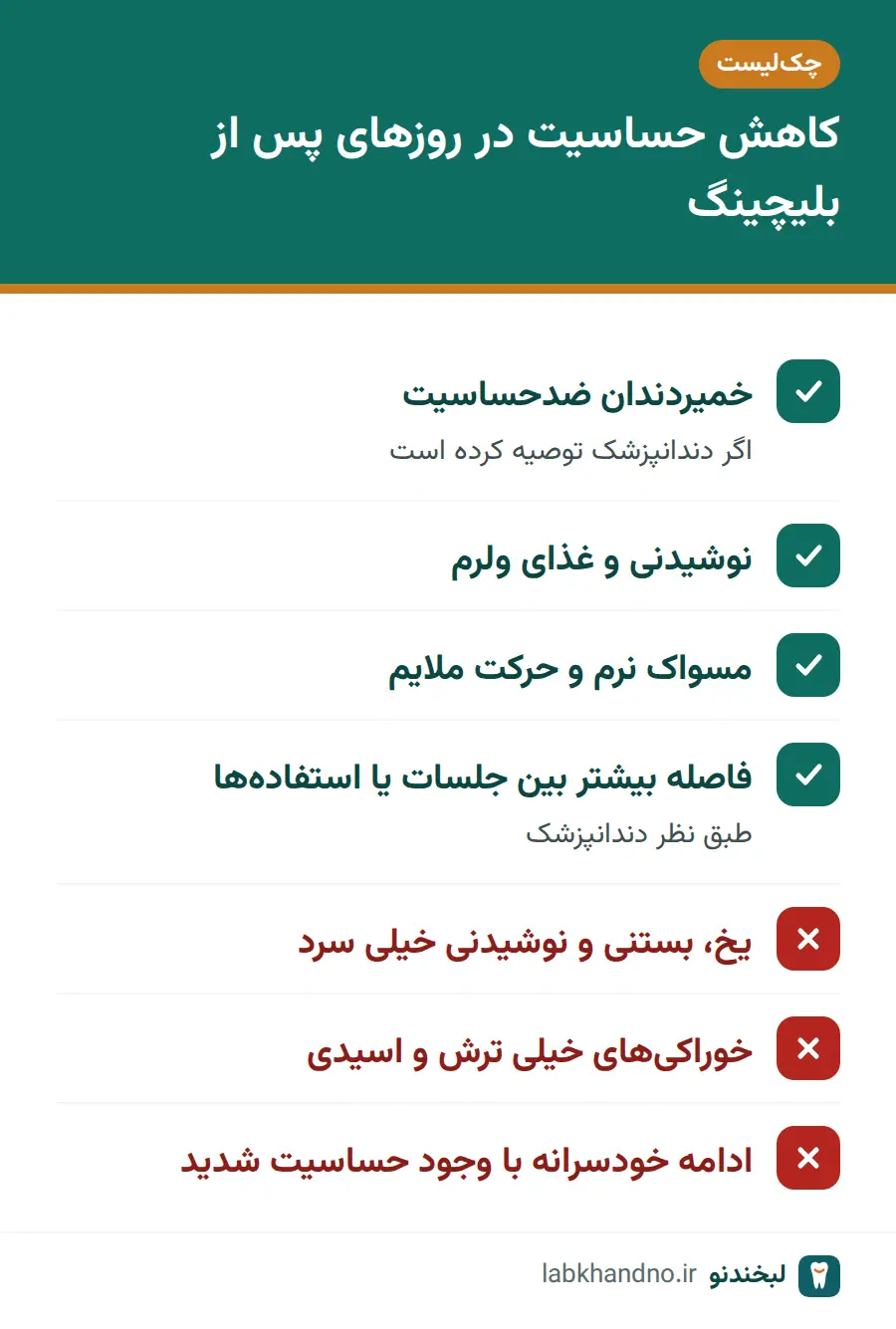 چک‌لیست کاهش حساسیت دندان بعد از بلیچینگ