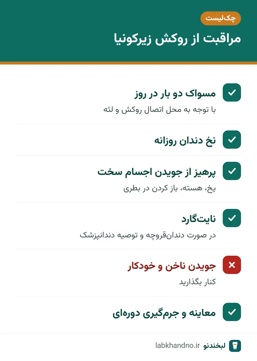 چک‌لیست مراقبت از روکش زیرکونیا