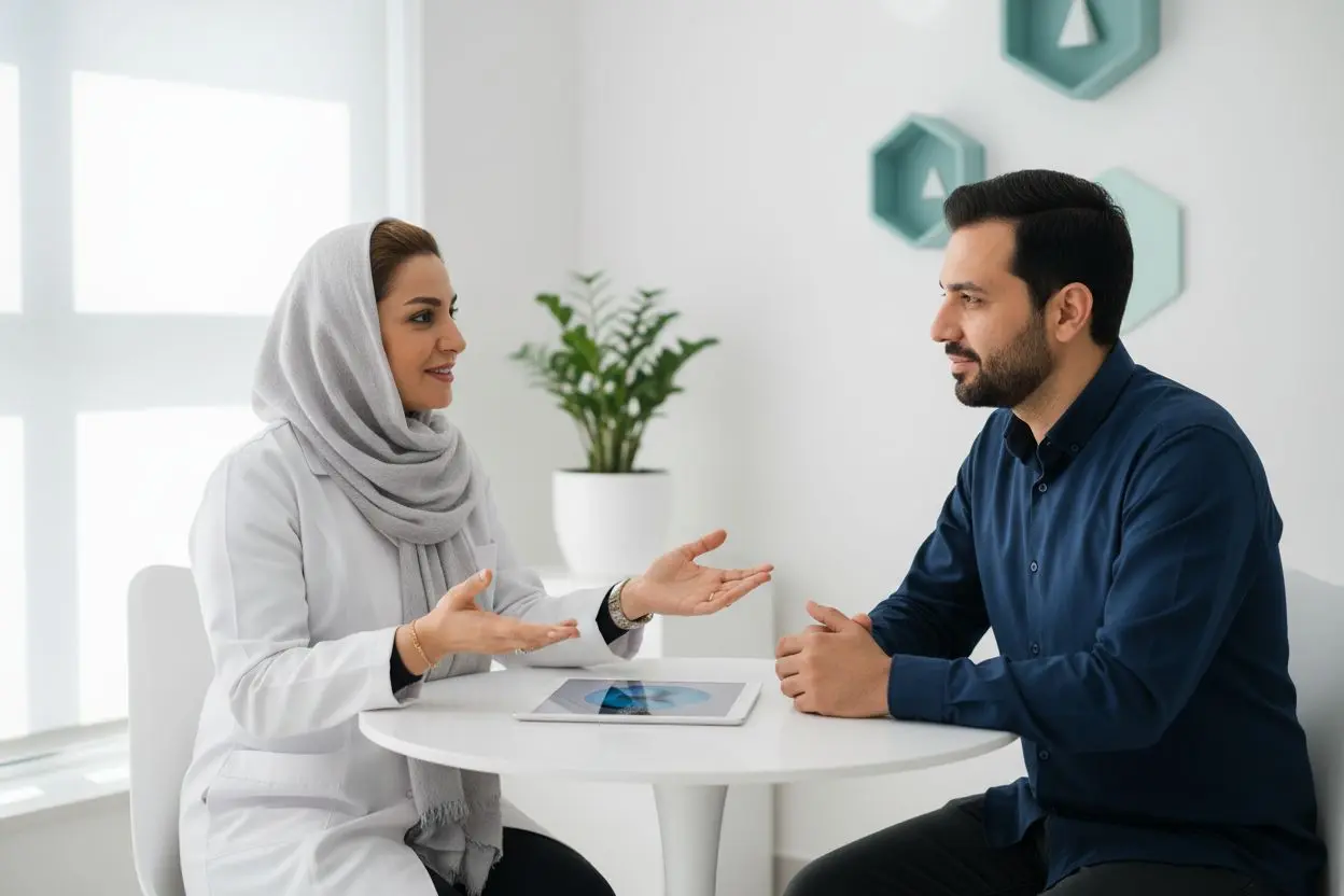 دندانپزشک زن ایرانی در حال توضیح انواع مشکلات بایت دندان به بیمار مرد بزرگسال