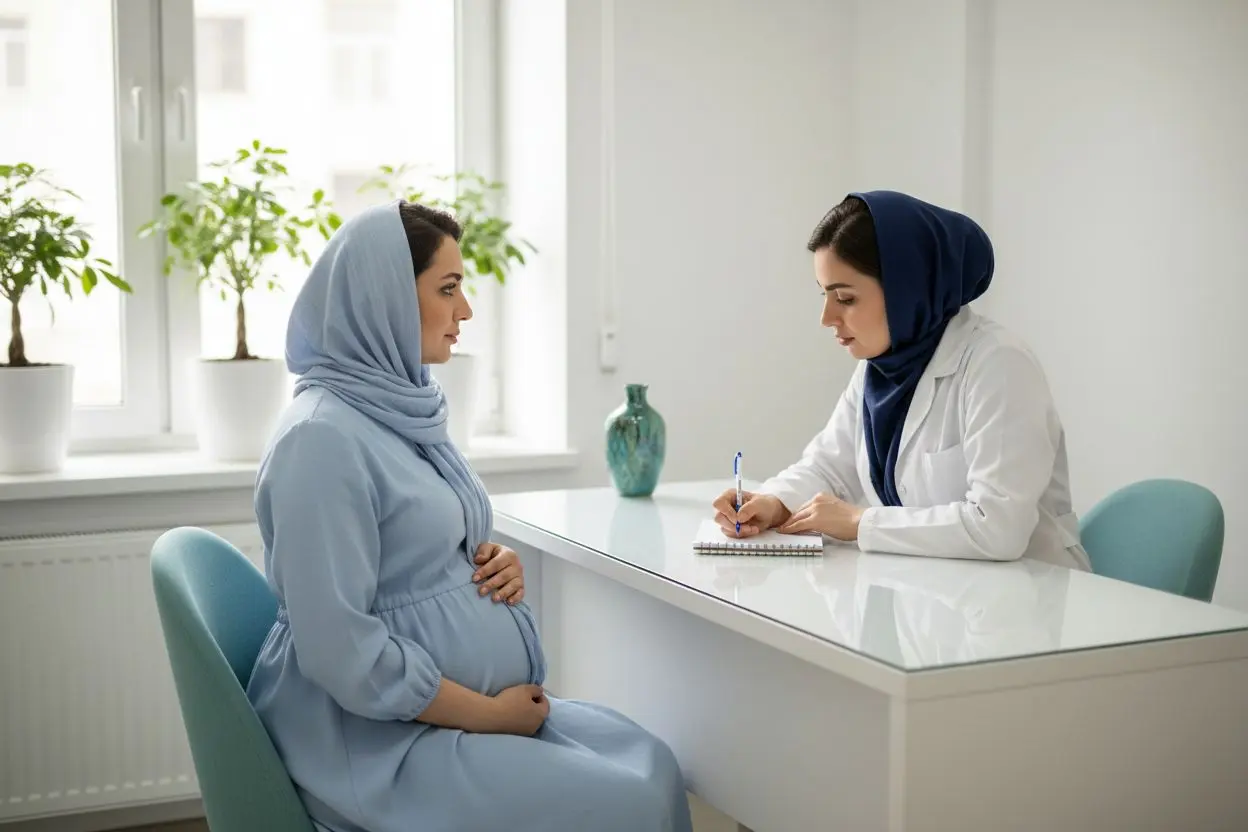 زن باردار در جلسه مشاوره با دندانپزشک درباره خونریزی لثه در بارداری