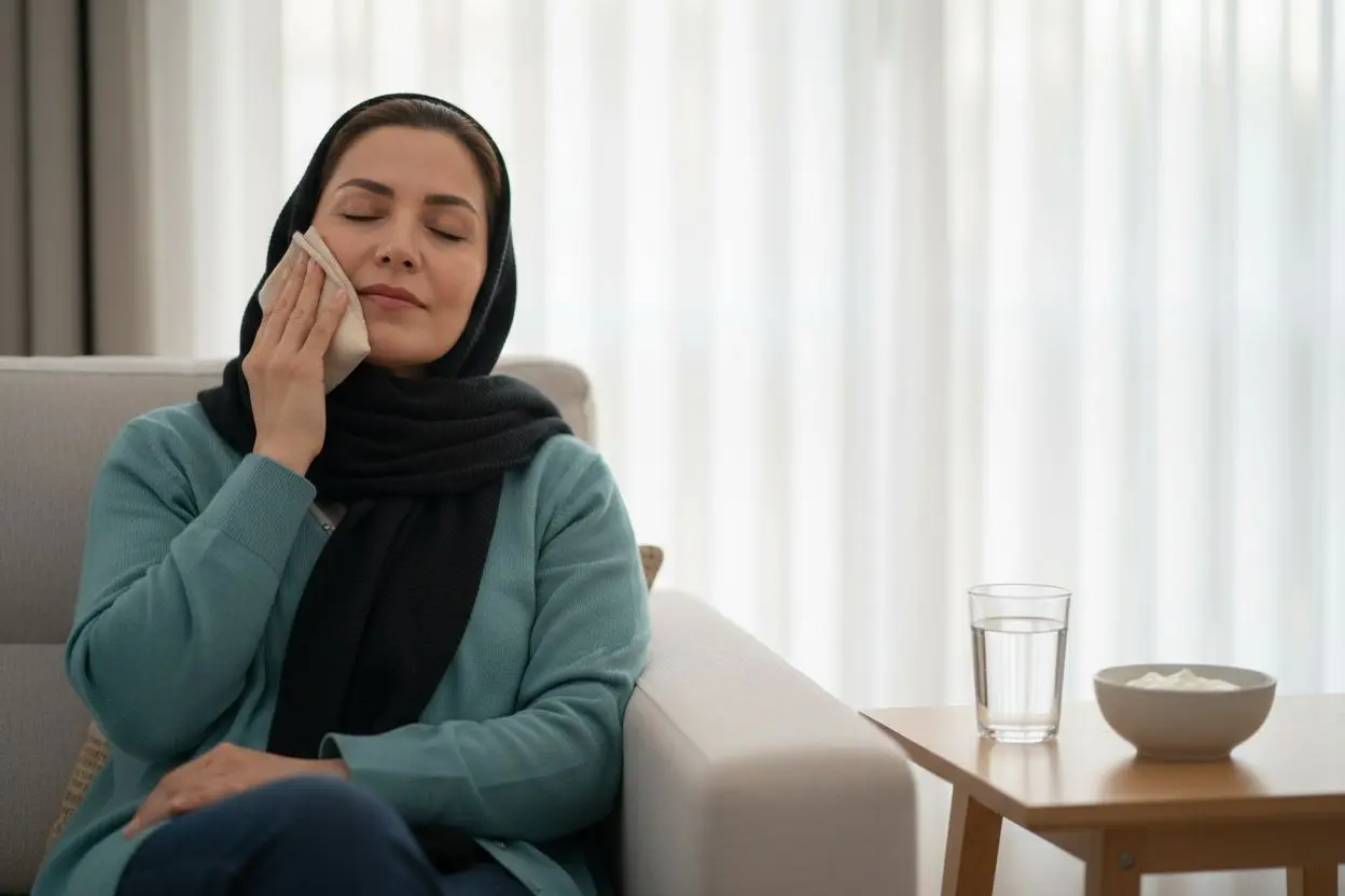 استراحت در خانه با کمپرس سرد روی گونه پس از جراحی افزایش طول تاج دندان