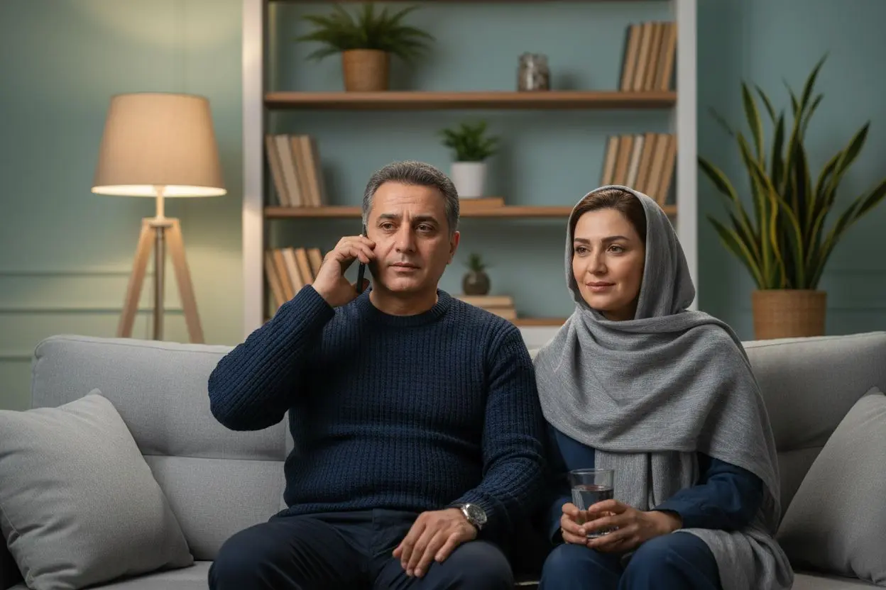مرد میانسال در حال تماس تلفنی برای گرفتن نوبت فوری دندانپزشکی به دلیل آبسه دندان