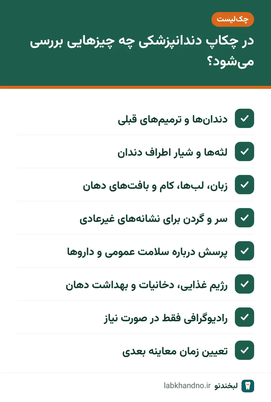 چکلیست موارد بررسیشده در چکاپ دندانپزشکی از دندان و لثه تا بافتهای دهان