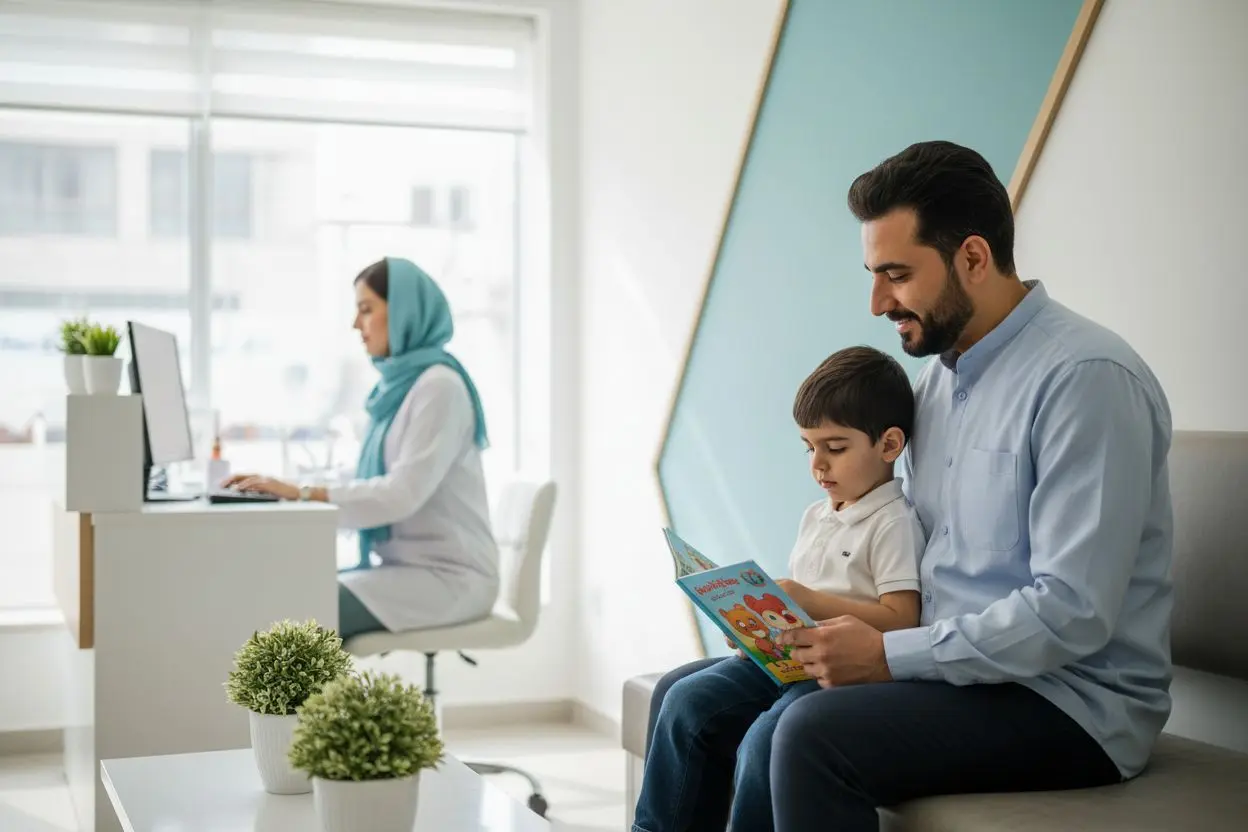 پدر و کودک در اتاق انتظار مطب برای چکاپ دندانپزشکی کودک