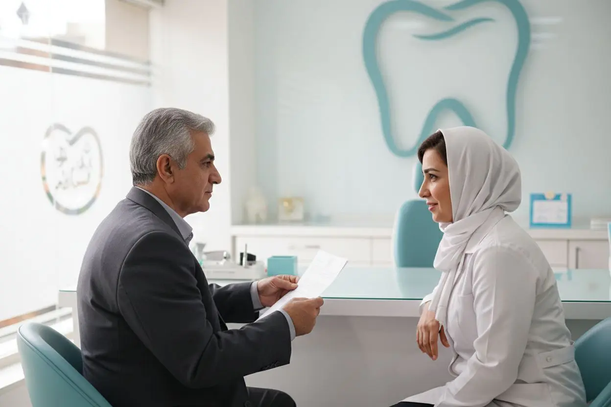 بیمار مسن در حال مطرح کردن سؤالها و سابقه داروها با دندانپزشک در چکاپ دندانپزشکی