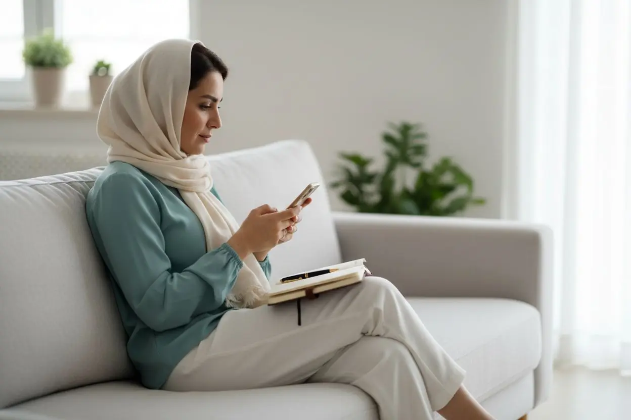 بیمار در حال بررسی یک پیشنهاد تخفیف دندانپزشکی در تلفن همراه پیش از تصمیم‌گیری