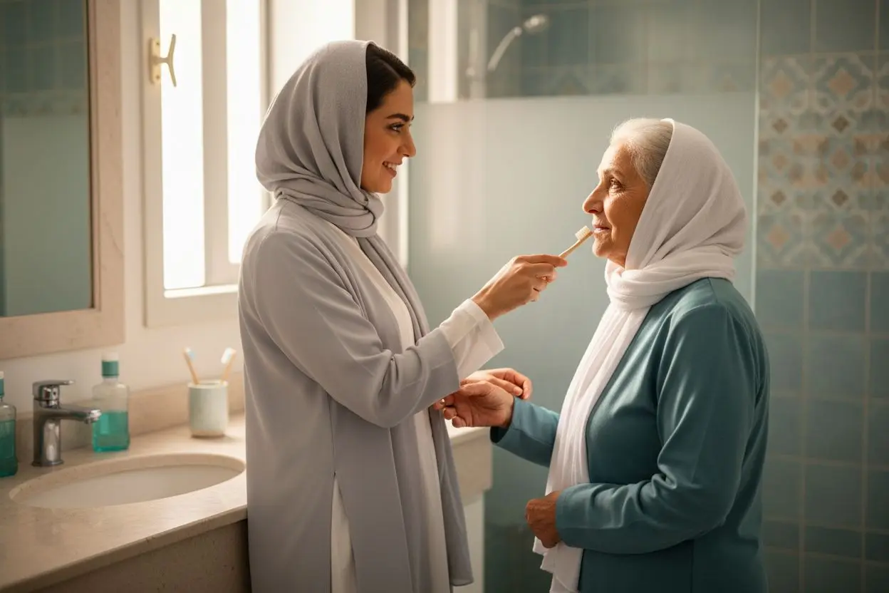 دختر ایرانی در حال کمک به مادر سالمندش برای مراقبت از دندان مصنوعی