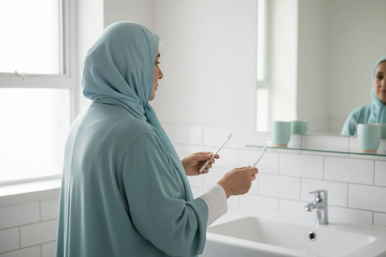 زن میانسال دیابتی در حال مراقبت روزانه از دهان با مسواک نرم و مسواک بین‌دندانی برای حفظ سلامت دهان