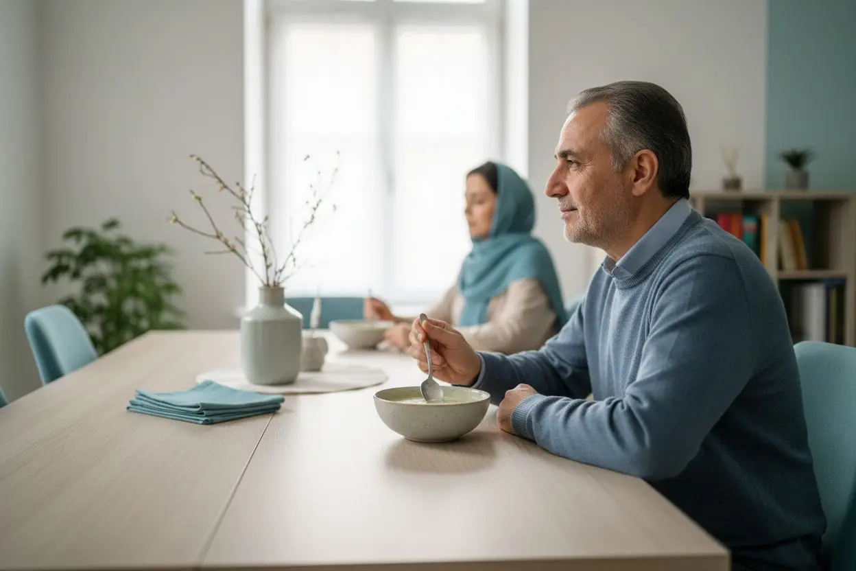 بیمار در حال خوردن سوپ ولرم و نرم در روزهای اول رژیم غذایی بعد از ایمپلنت