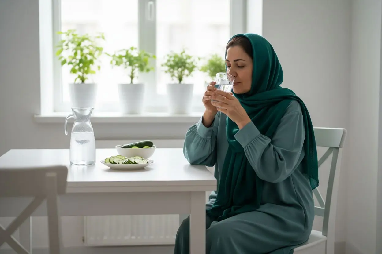 زن میانسال ایرانی در حال نوشیدن جرعهجرعه آب برای کاهش خشکی دهان