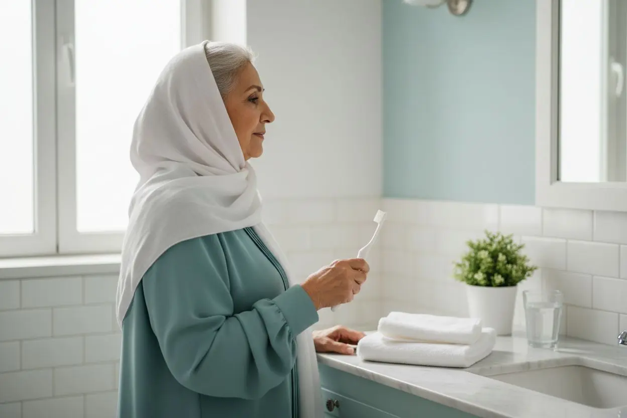 زن سالمند ایرانی با مسواک دستهپهن در روشویی برای مراقبت از دندان سالمندان