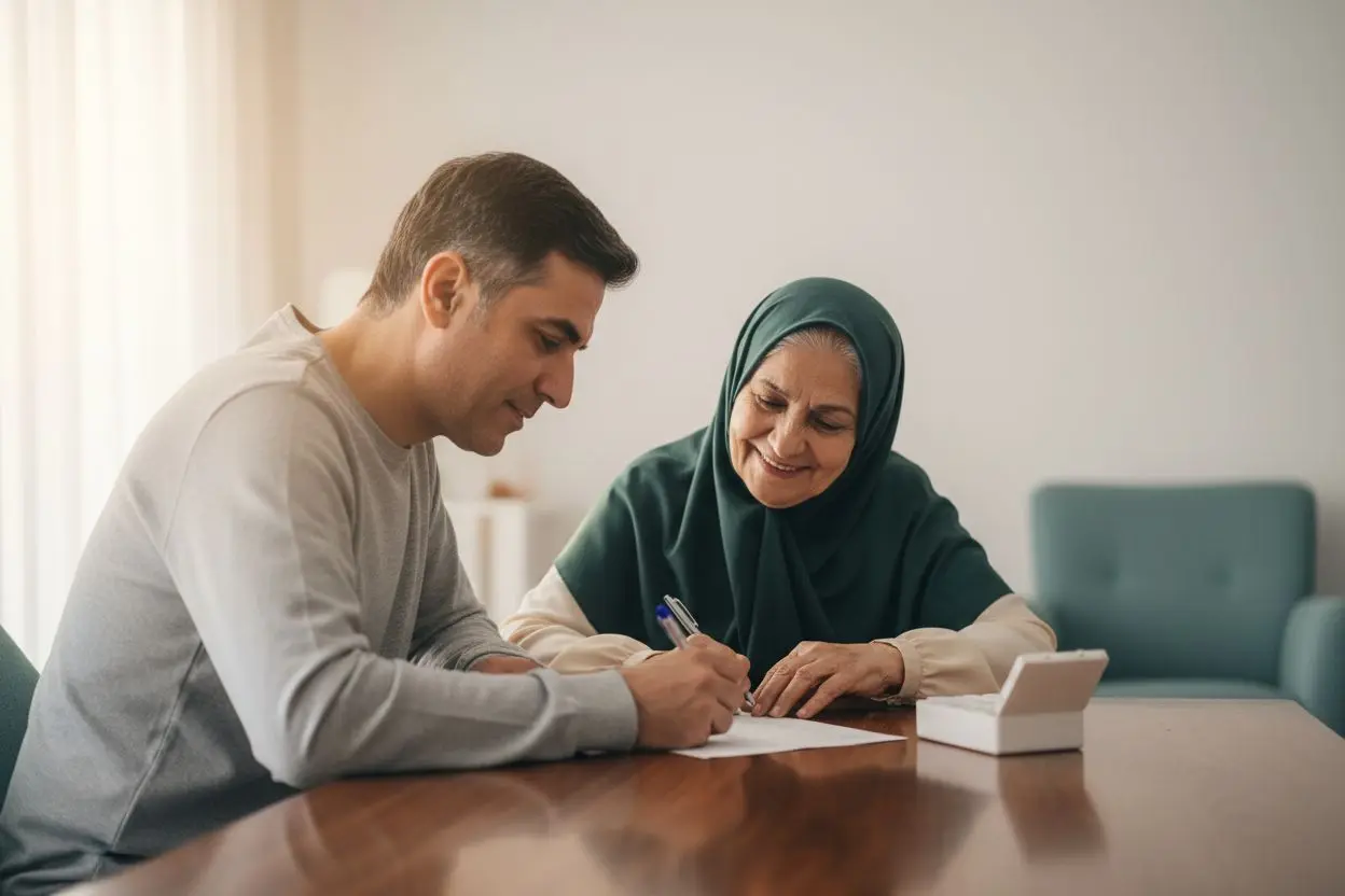 پسر ایرانی کنار مادر سالمندش در حال آماده کردن فهرست داروها برای مراجعه به دندانپزشک