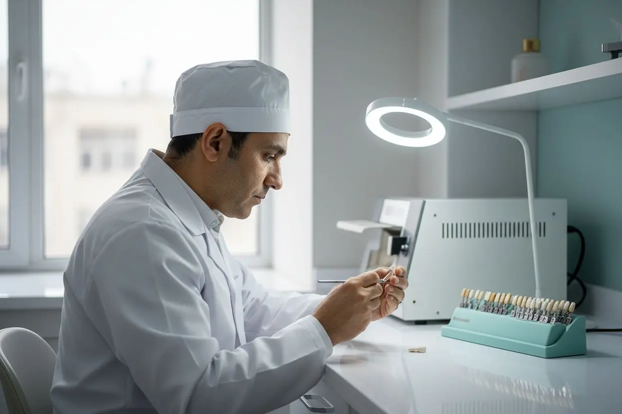 تکنسین سرامیک در حال رنگآمیزی سطحی روکش ای مکس در لابراتوار