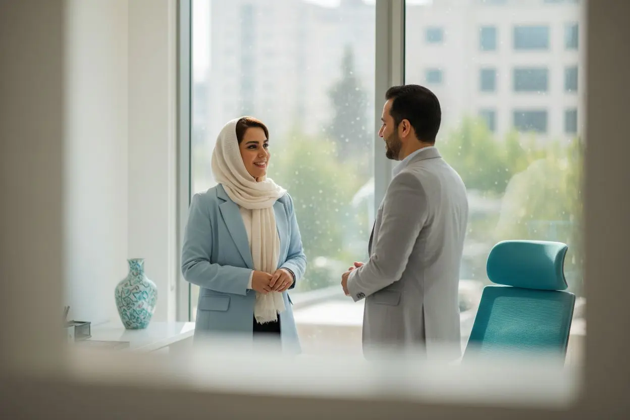 خانم جوان در محیط کار با لبخند طبیعی؛ ظاهر روکش سرامیکی در کنار دندانهای طبیعی
