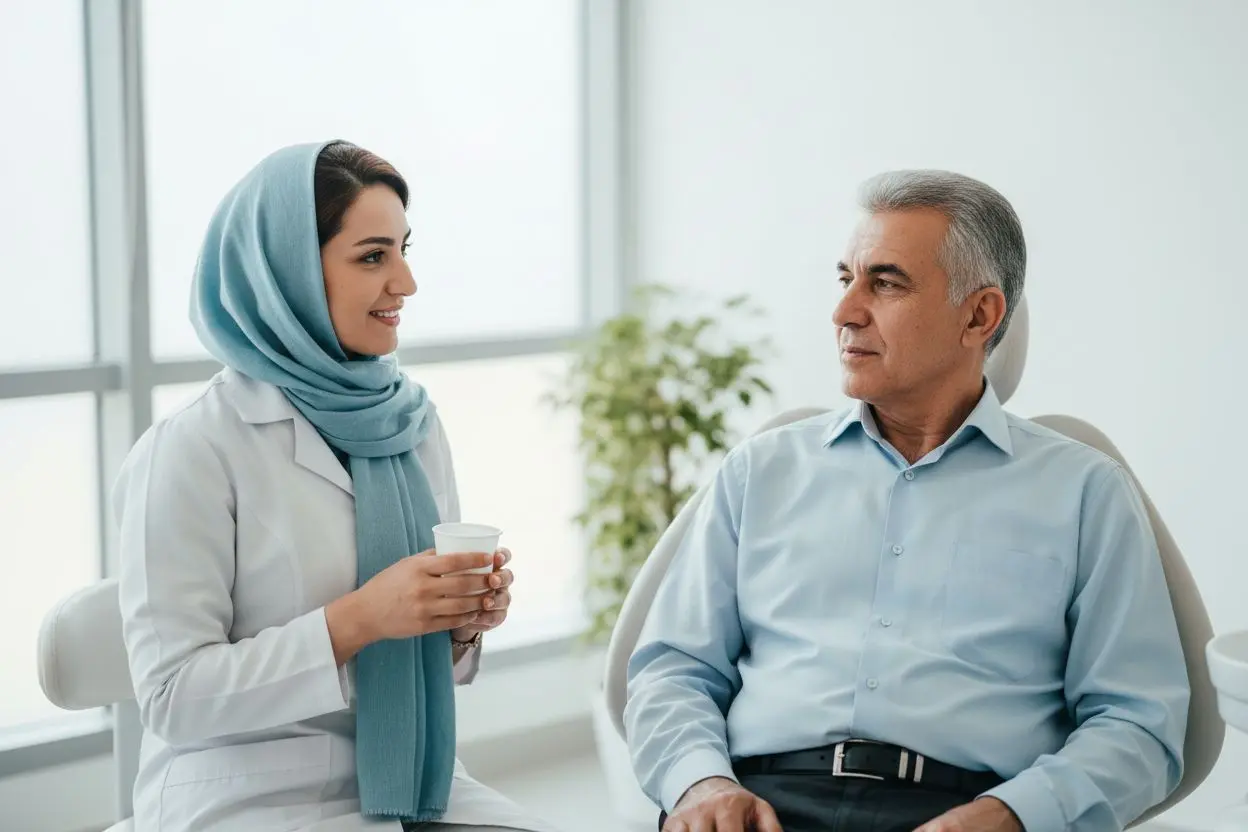 مرد مسن ایرانی در حال شنیدن توضیحات بهداشتکار دهان درباره وارنیش فلوراید دندان