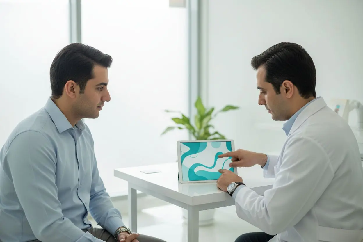 گفتوگوی بیمار با متخصص لثه درباره رفع تیرگی لثه و بررسی علت آن