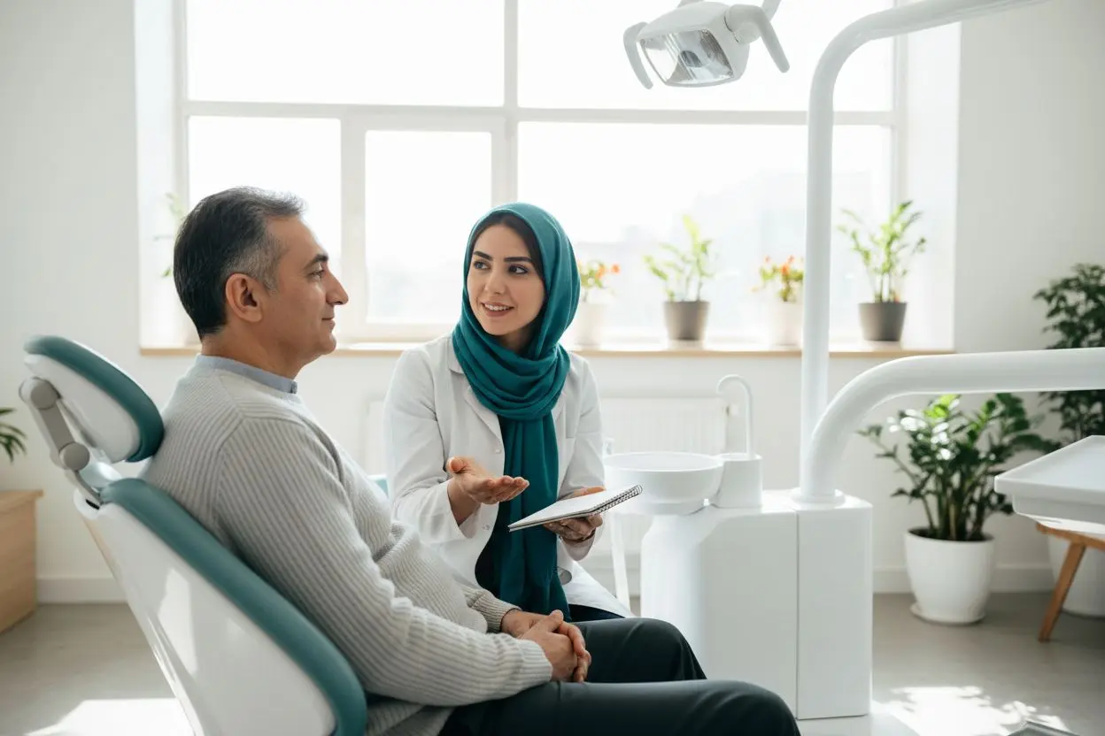مرد میانسال در جلسه کنترل دورهای ایمپلنت برای پیشگیری از تحلیل استخوان ایمپلنت