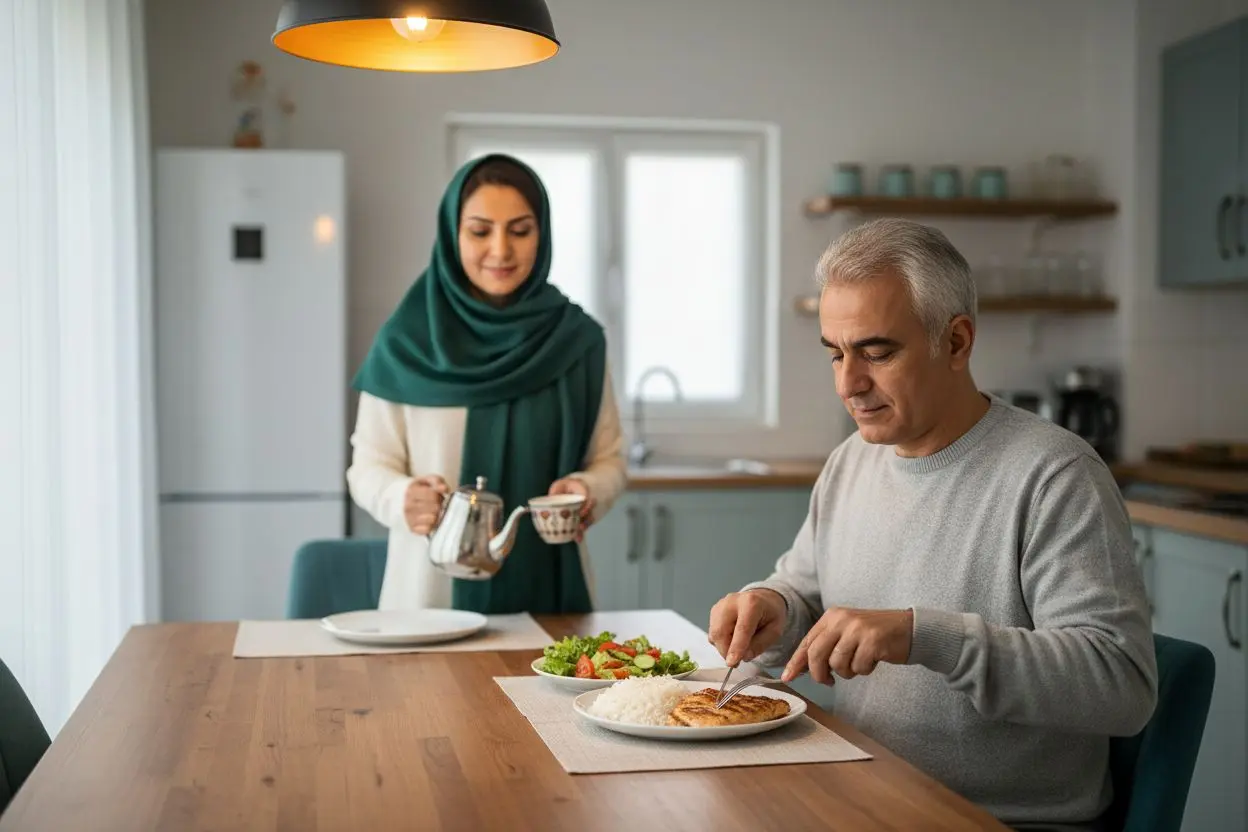 مرد میانسال در حال غذا خوردن در خانه پس از نصب روکش ایمپلنت