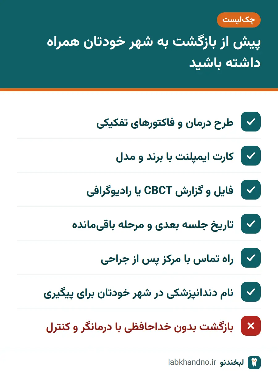 چکلیست بازگشت به شهر خود پس از ایمپلنت در مشهد