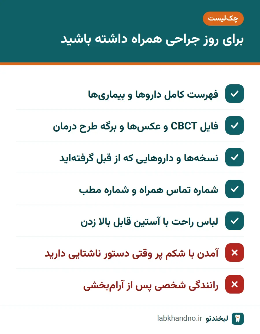 چک لیست وسایل و مدارک لازم برای روز جراحی ایمپلنت