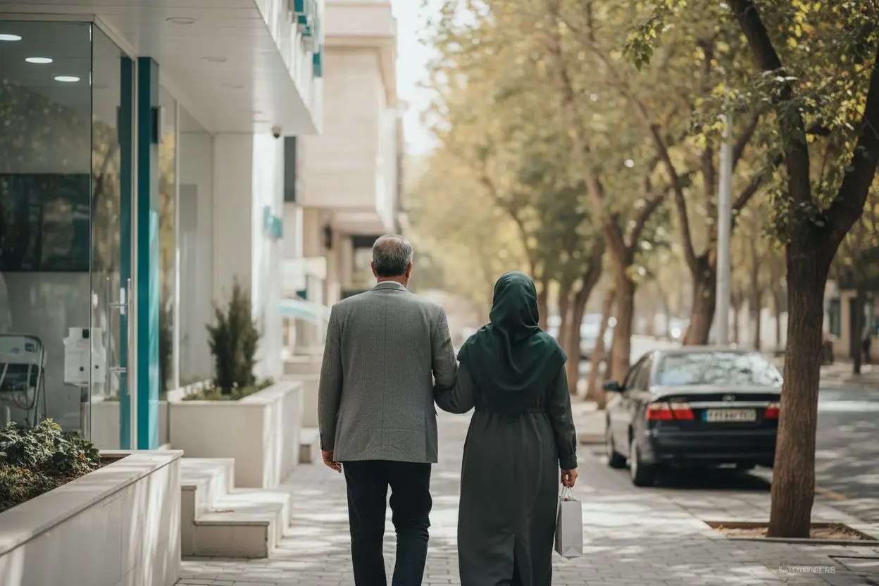 مرد میانسال ایرانی پس از روز جراحی ایمپلنت همراه دخترش از کلینیک خارج میشود