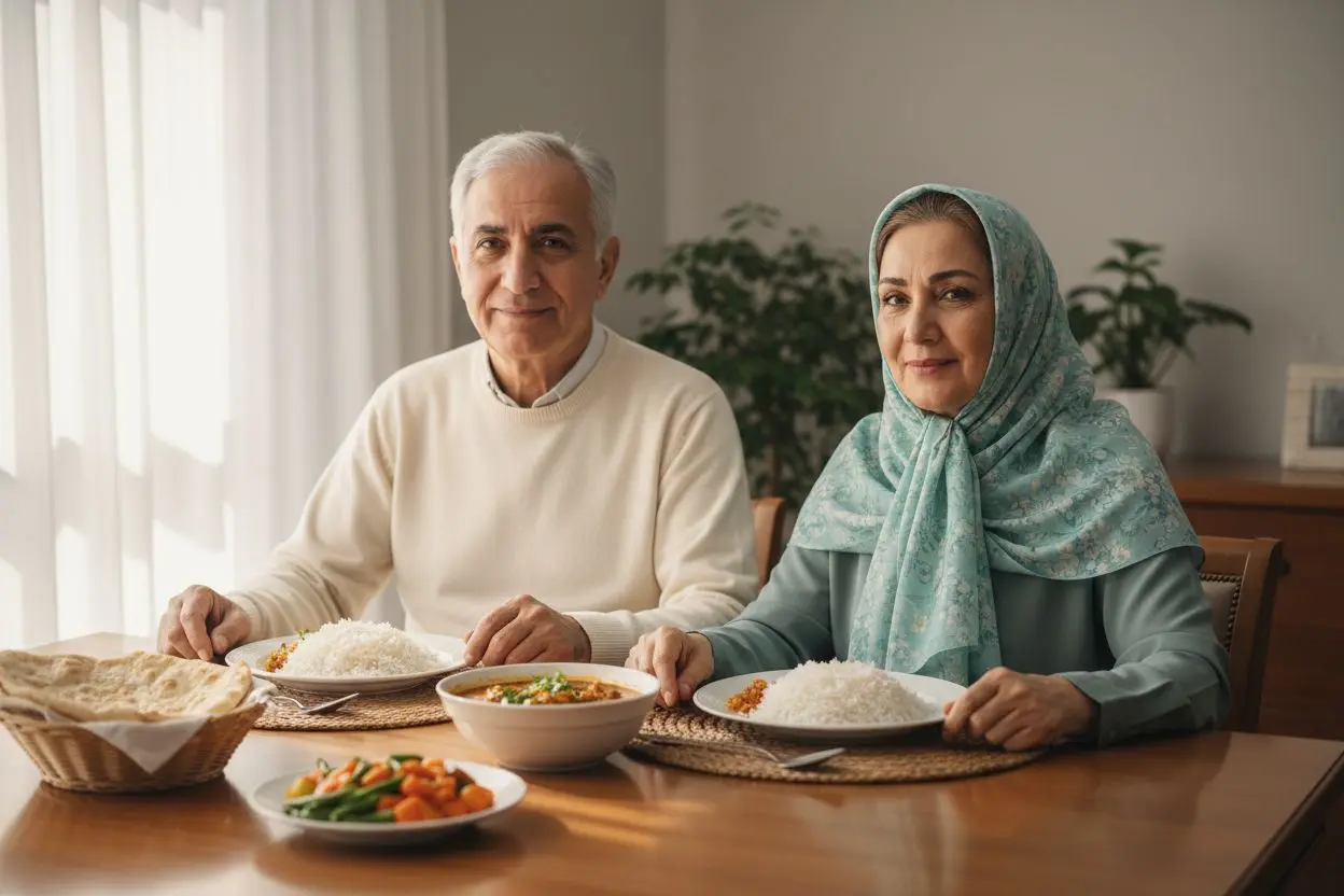 زوج سالمند ایرانی سر سفره خانه؛ راحتی جویدن یکی از معیارهای انتخاب ایمپلنت یا دندان مصنوعی