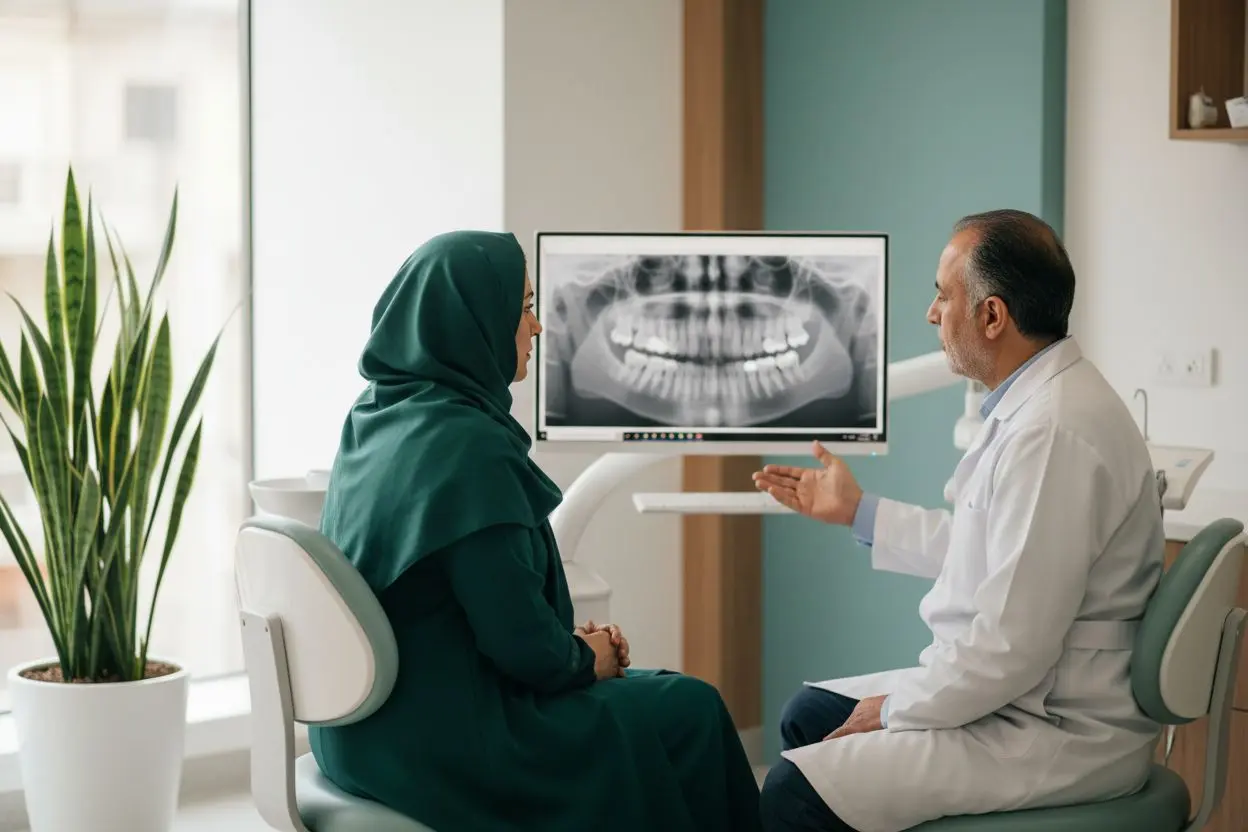 زن میانسال و دندانپزشک در حال بررسی عکس دندان برای تصمیم‌گیری درباره عصب کشی یا ایمپلنت