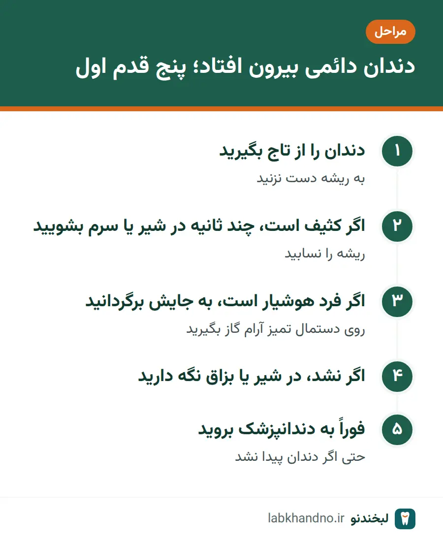 پنج قدم کمک‌های اولیه پس از افتادن دندان در اثر ضربه برای دندان دائمی