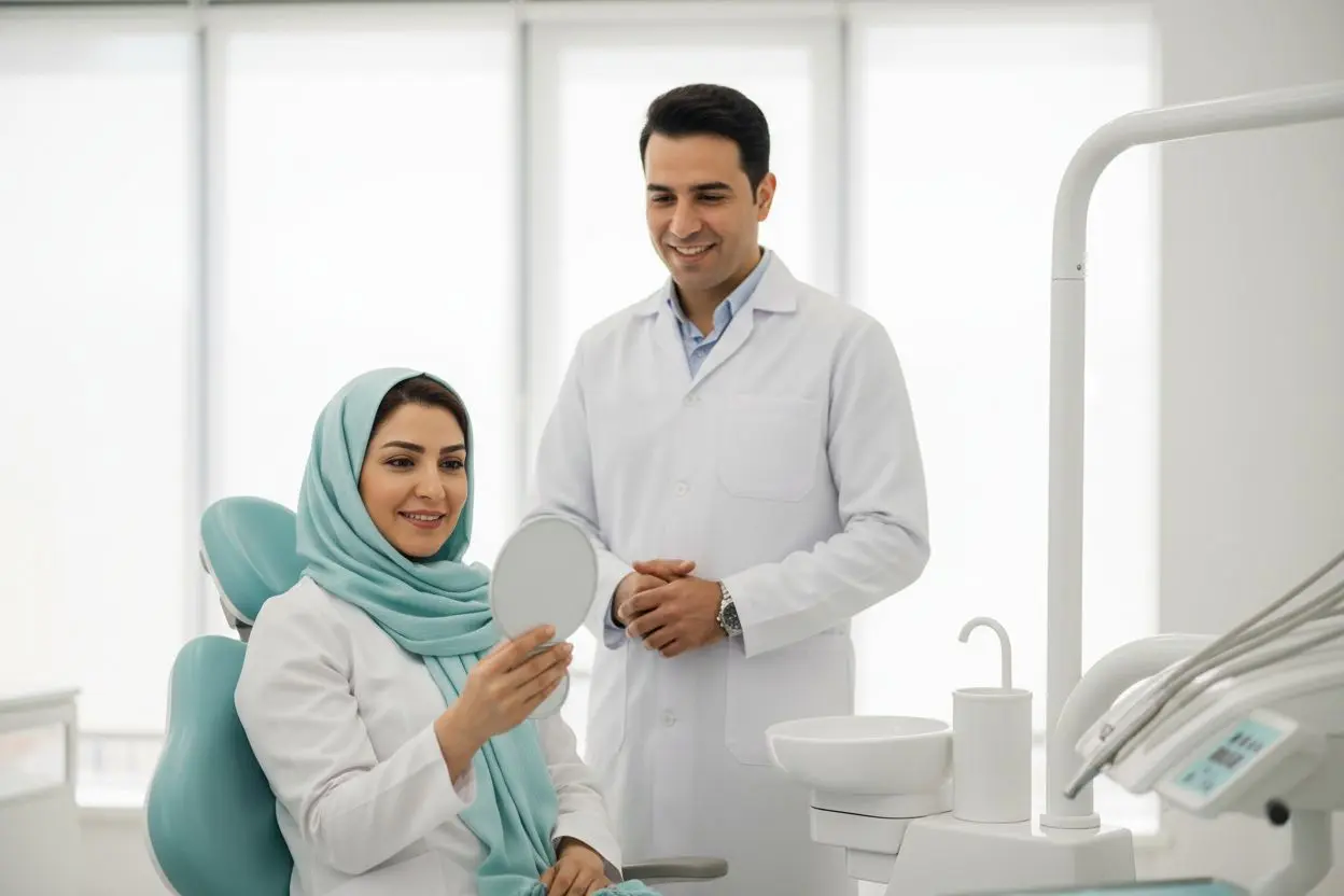 بیمار در مرحله امتحان لمینت پیش از چسباندن، در حال دیدن رنگ و فرم در آینه