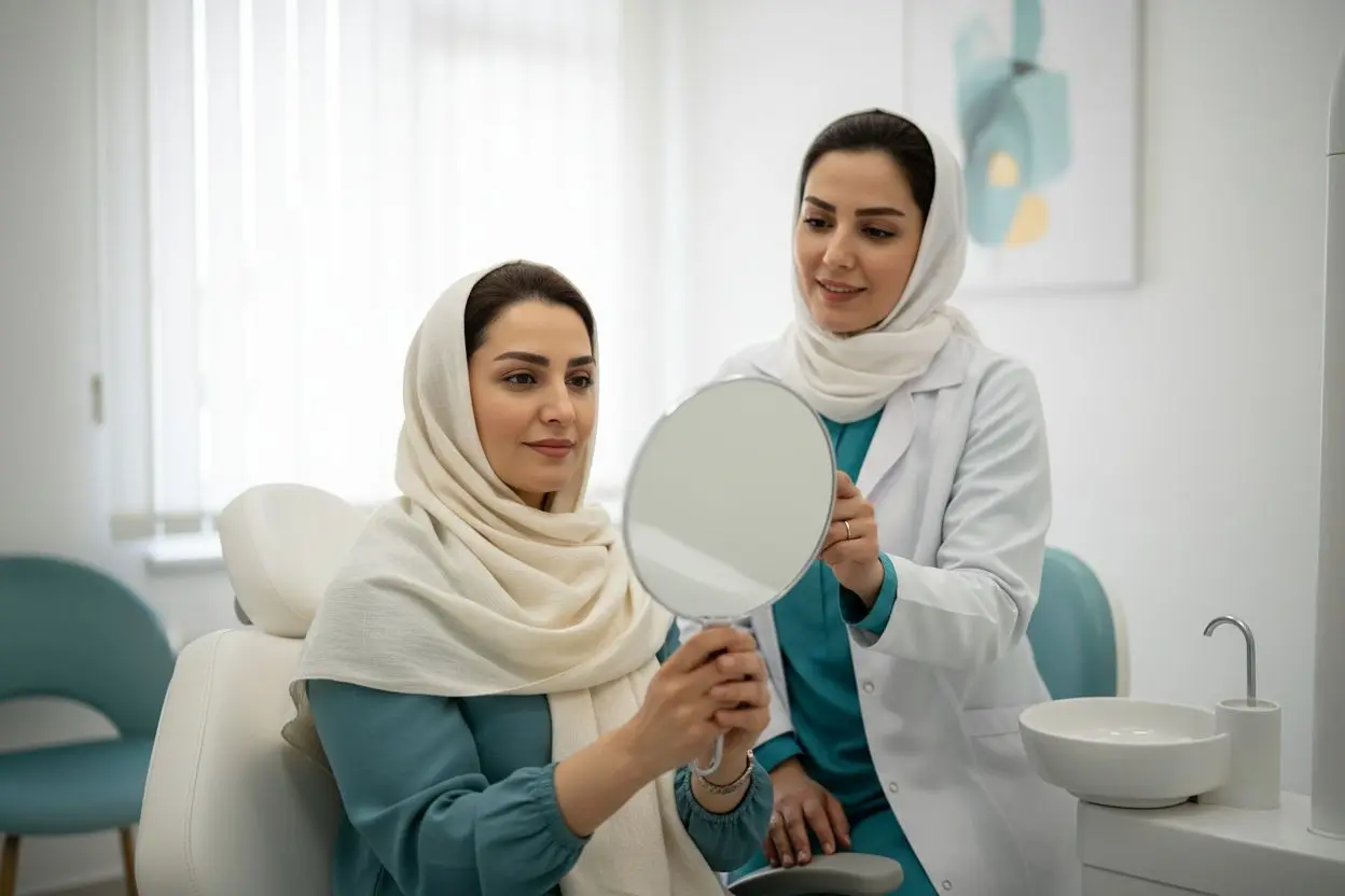 بررسی خط لبخند در آینه برای تصمیم درباره اینکه لمینت چند دندان لازم است