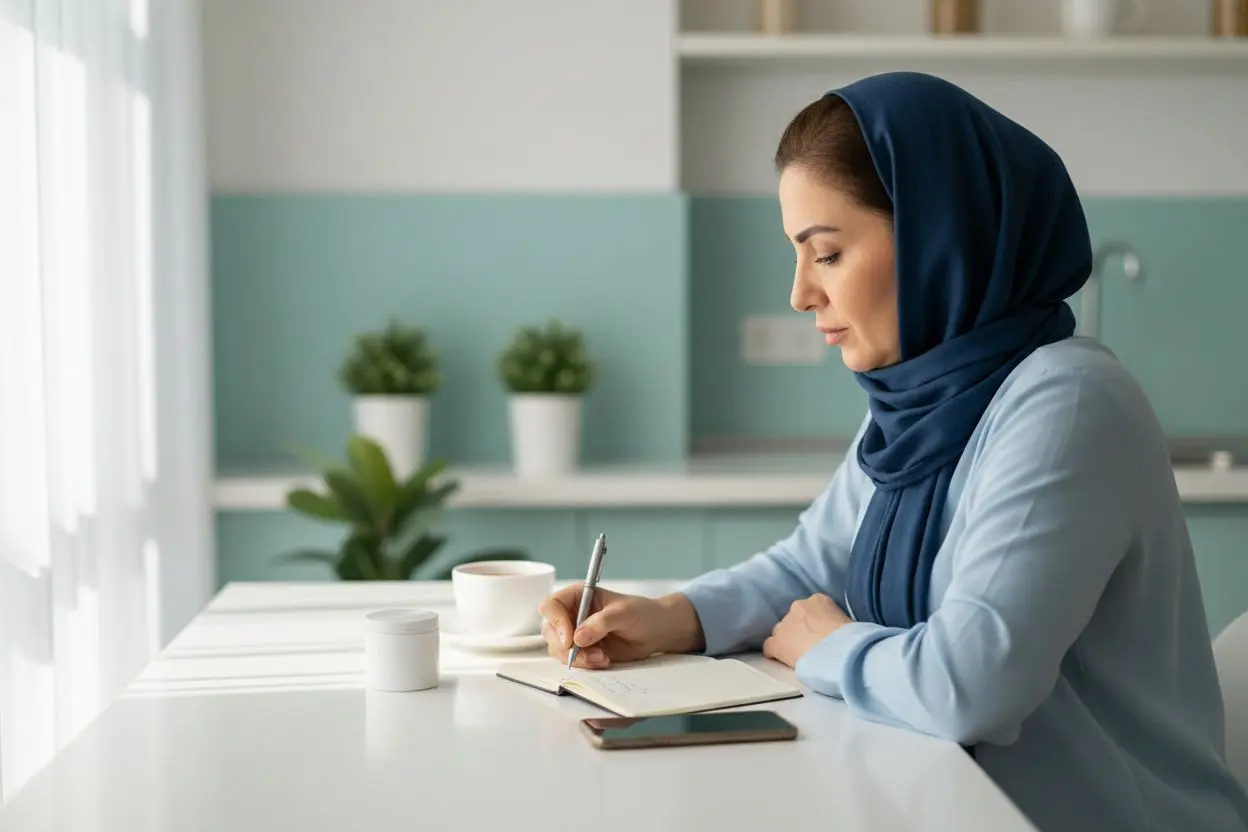 زن میانسال در خانه در حال یادداشت نشانهها پیش از تماس با دندانپزشک درباره لق شدن ایمپلنت