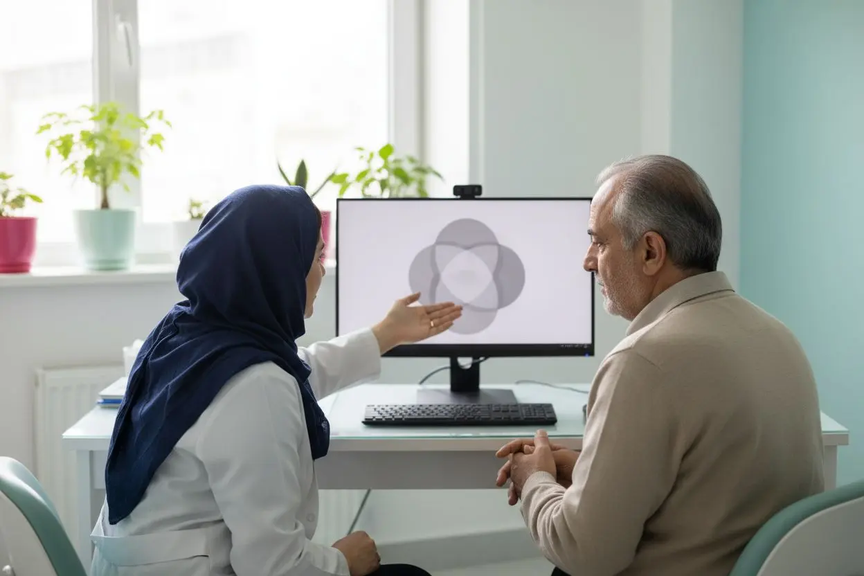دندانپزشک زن در حال توضیح نتایج معاینه و عکس رادیوگرافی لق شدن دندان به مرد مسن