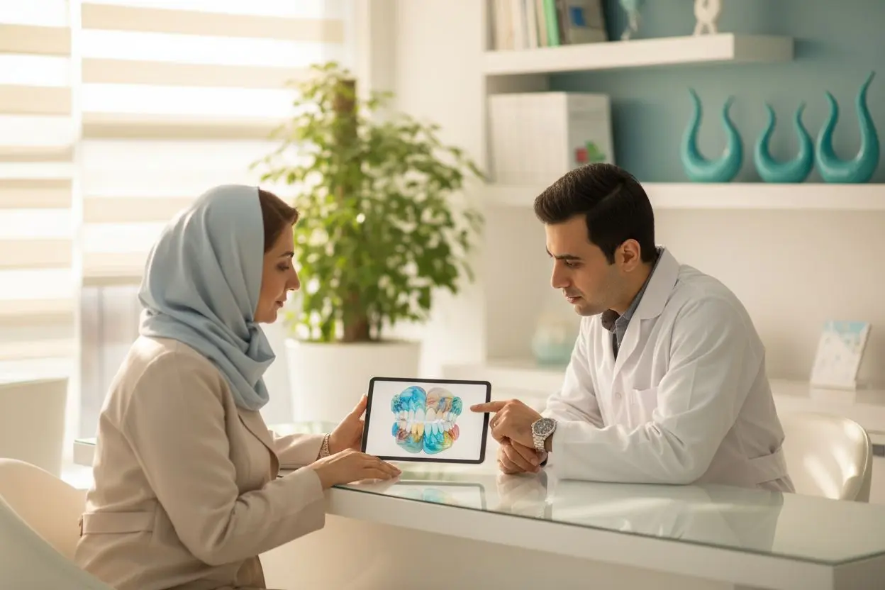 گفتوگو درباره لمینت فک بالا و پایین با دیدن طرح سهبعدی قوس دندانها