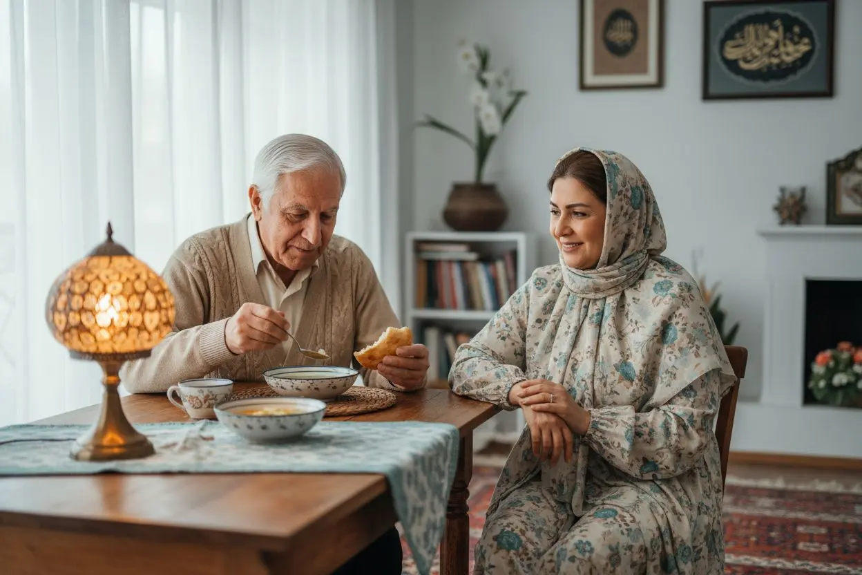 مرد سالمند در حال غذا خوردن با همسرش پس از ثابت شدن دندان مصنوعی با مینی ایمپلنت