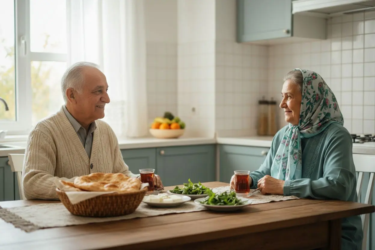 زوج سالمند ایرانی سر میز صبحانه؛ جویدن راحت پس از جایگزینی دندان‌های ازدست‌رفته